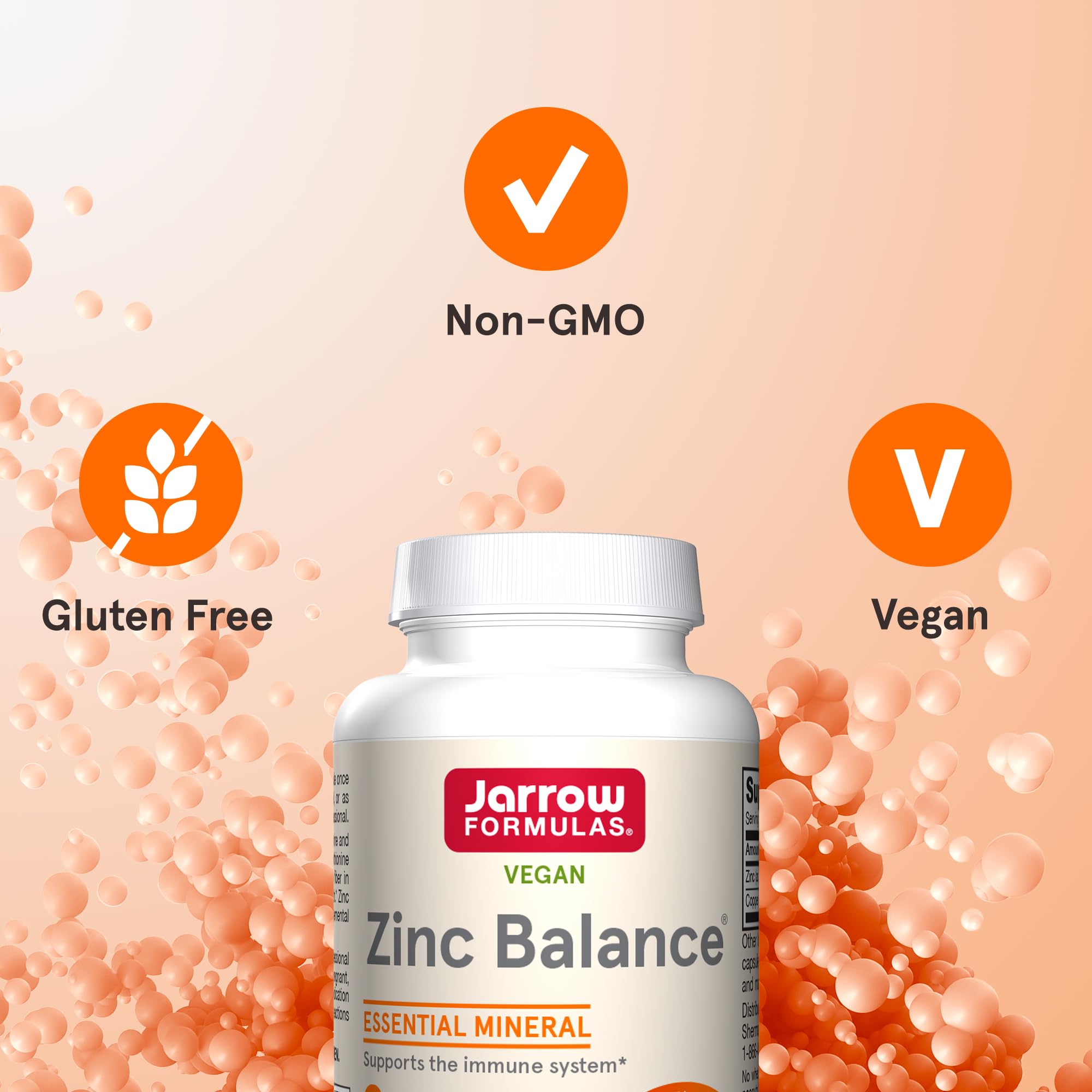 Top down perspective of Jarrow Formulas Zinc Balance 100 capsule container detailing clean dietary features.