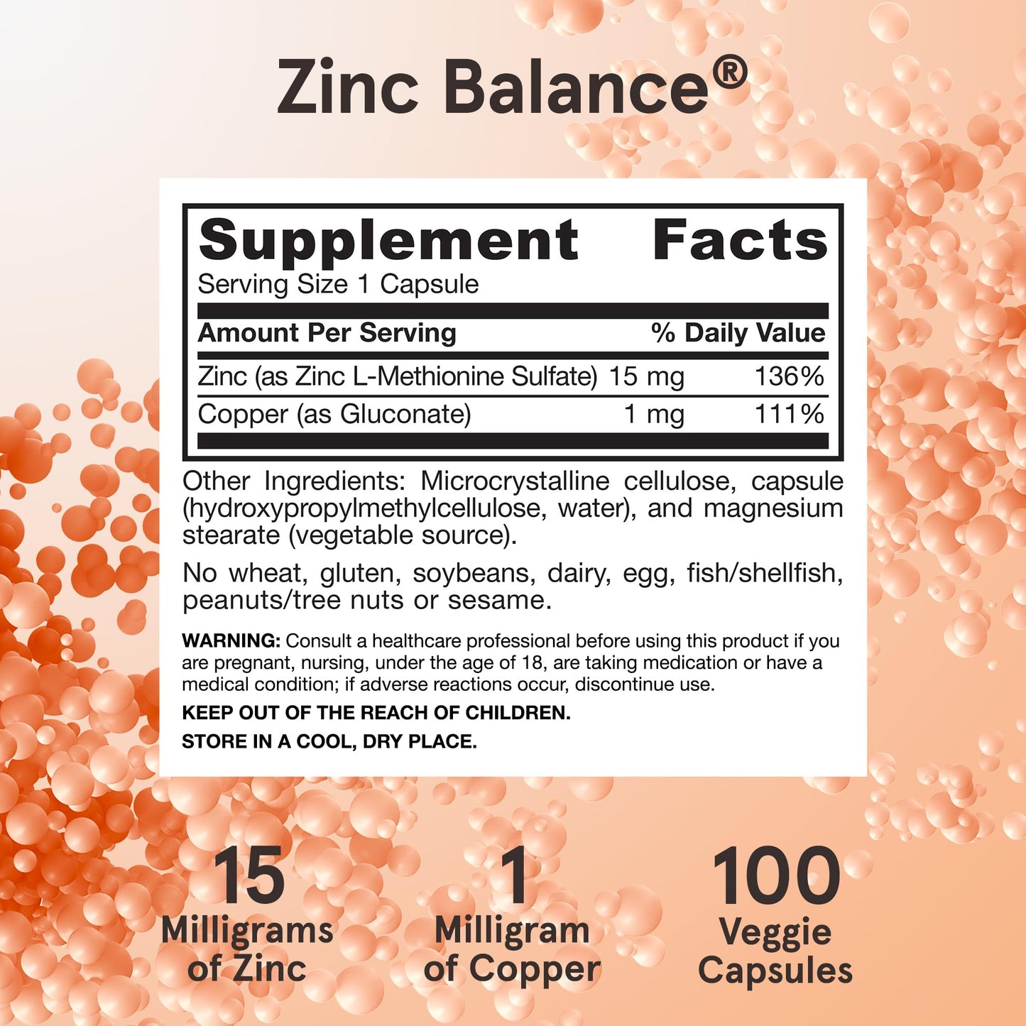 Authentic USA imported Jarrow Formulas Zinc Balance container displaying vegetarian capsule specifications.