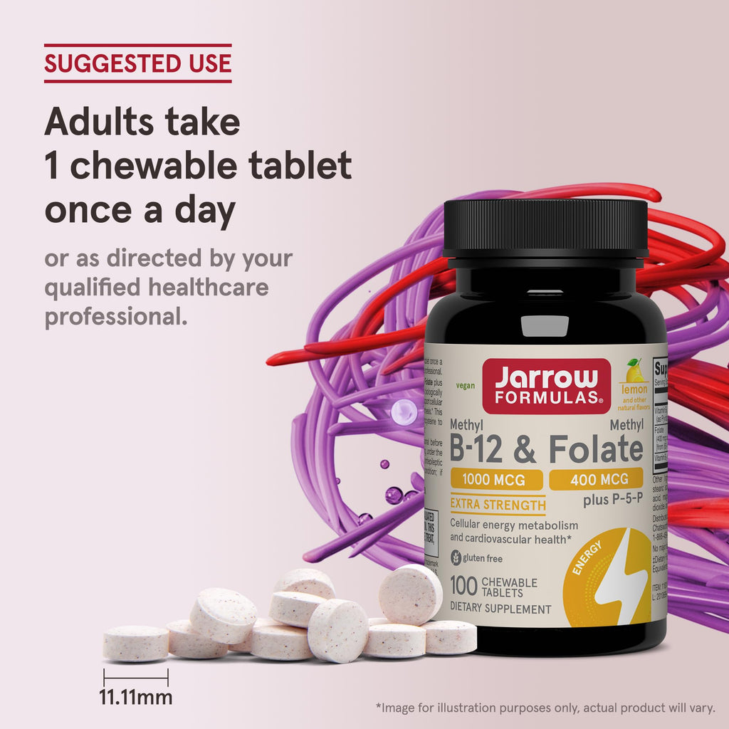 Jarrow Formulas Methylcobalamin and Quatrefolic folate dietary supplement packaging details
