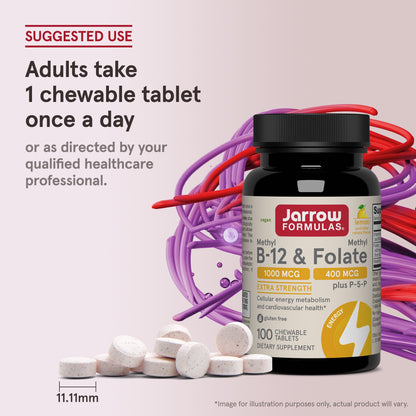 Jarrow Formulas Methylcobalamin and Quatrefolic folate dietary supplement packaging details