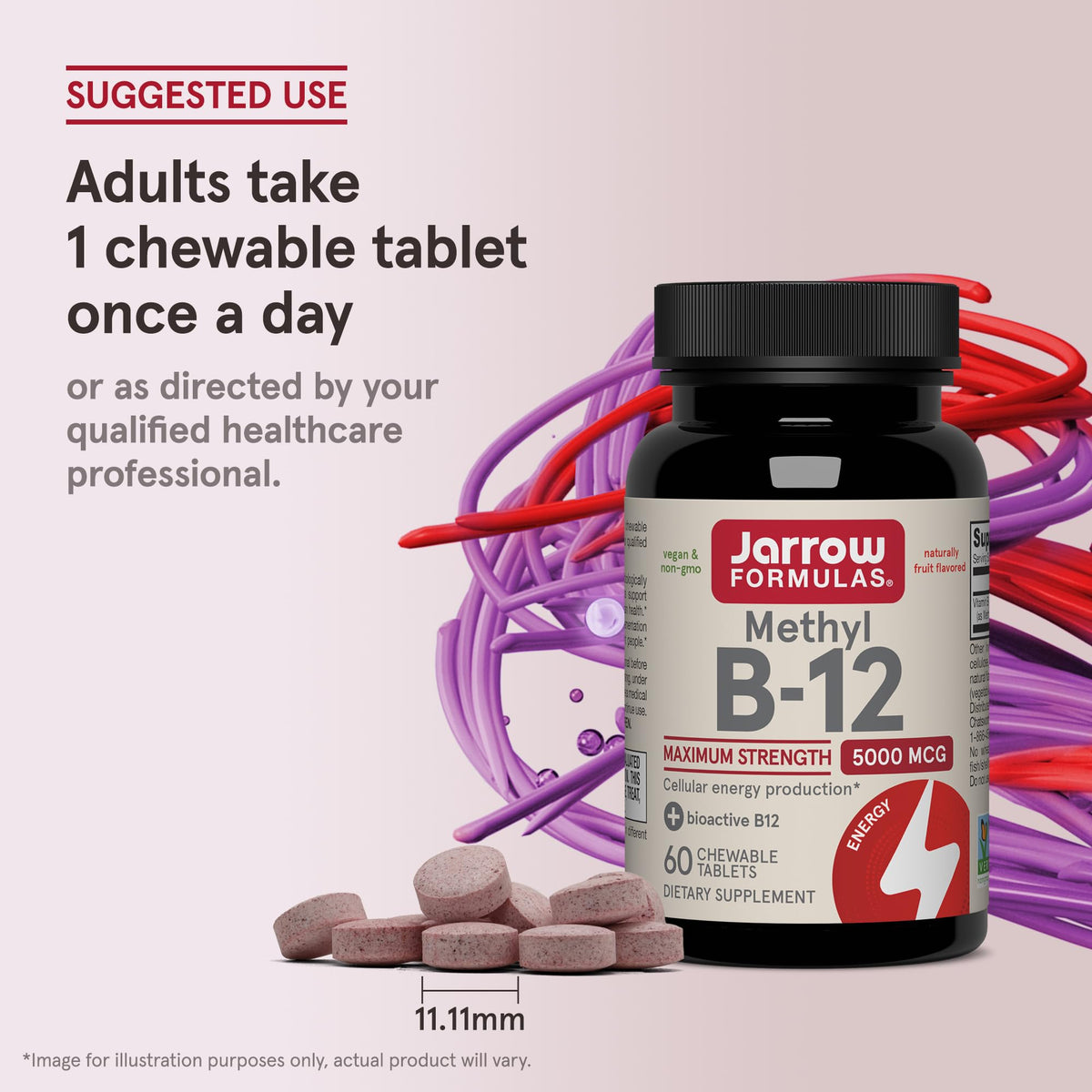 Side layout of Jarrow Formulas methylcobalamin showing allergen free warnings and daily dosage guidelines