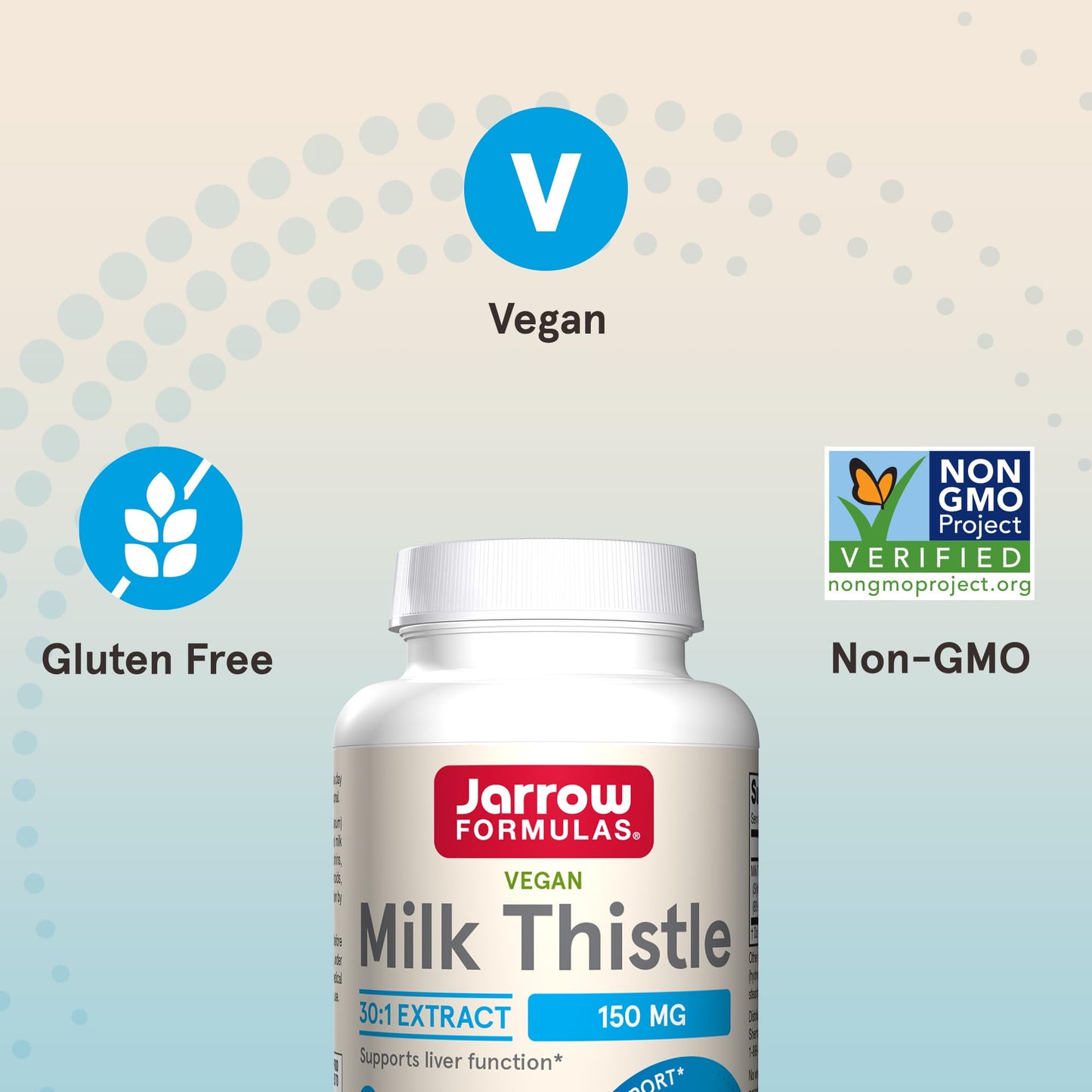 Jarrow Formulas Milk Thistle 150 Milligrams 200 count non-GMO certified shield on bottle side view