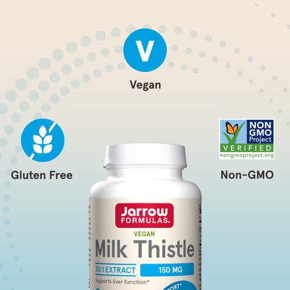 Jarrow Formulas Milk Thistle 150 Milligrams 200 count non-GMO certified shield on bottle side view