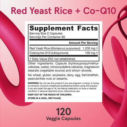 Two capsules display next to Jarrow Formulas Red Yeast Rice and CoQ10 supplement bottle