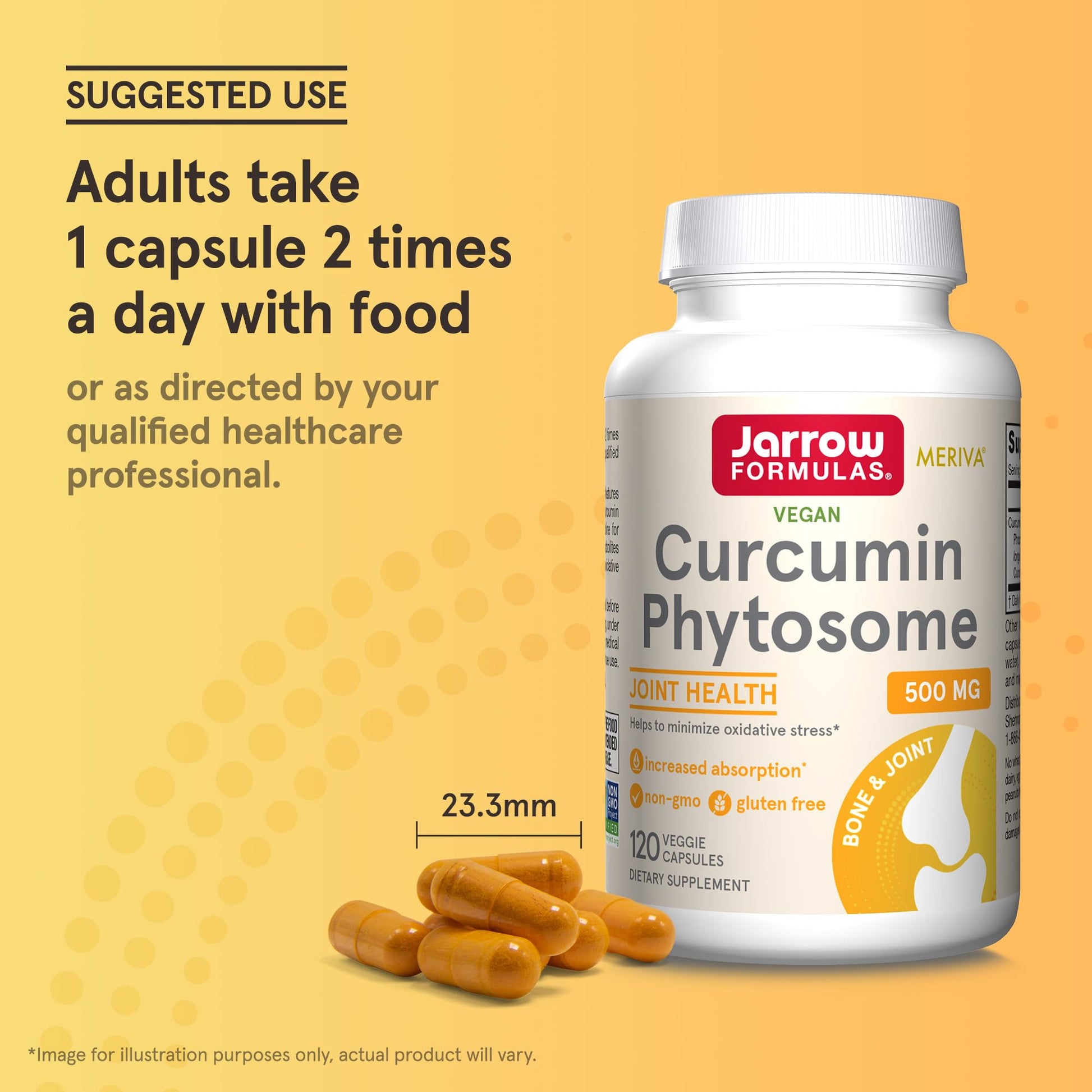 Jarrow Formulas Curcumin Phytosome Meriva bottle held in hand for scale