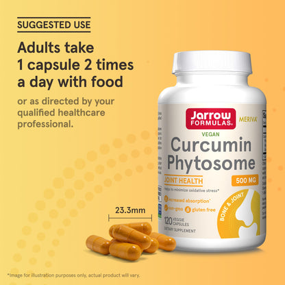 Jarrow Formulas Curcumin Phytosome Meriva bottle held in hand for scale