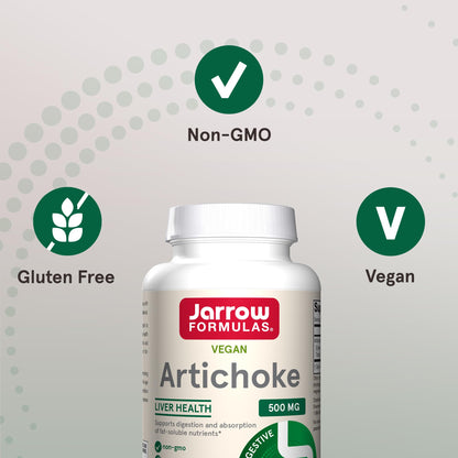 Top angle view of Jarrow Formulas Artichoke 180 veggie capsules container highlighting daily serving size