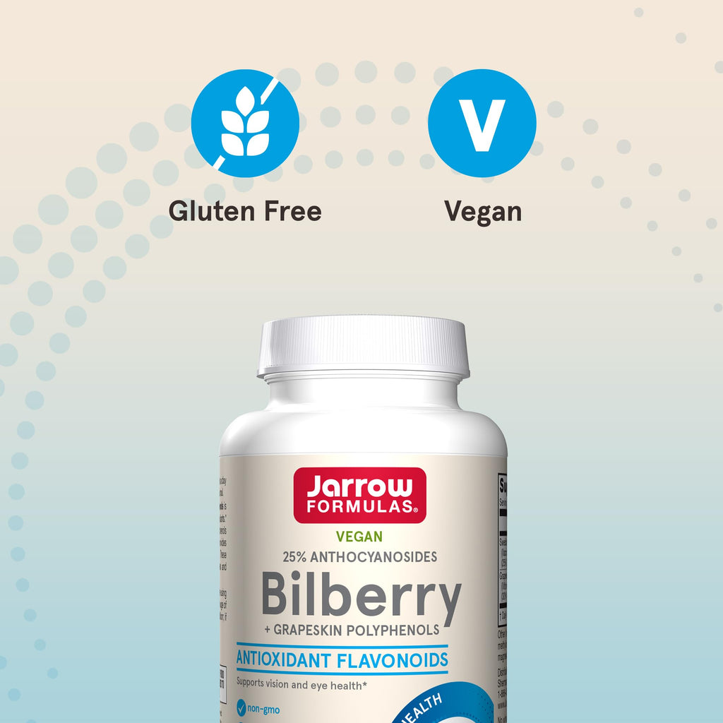 Close up of the ingredients list on Jarrow Formulas Bilberry 280 milligrams capsule bottle.