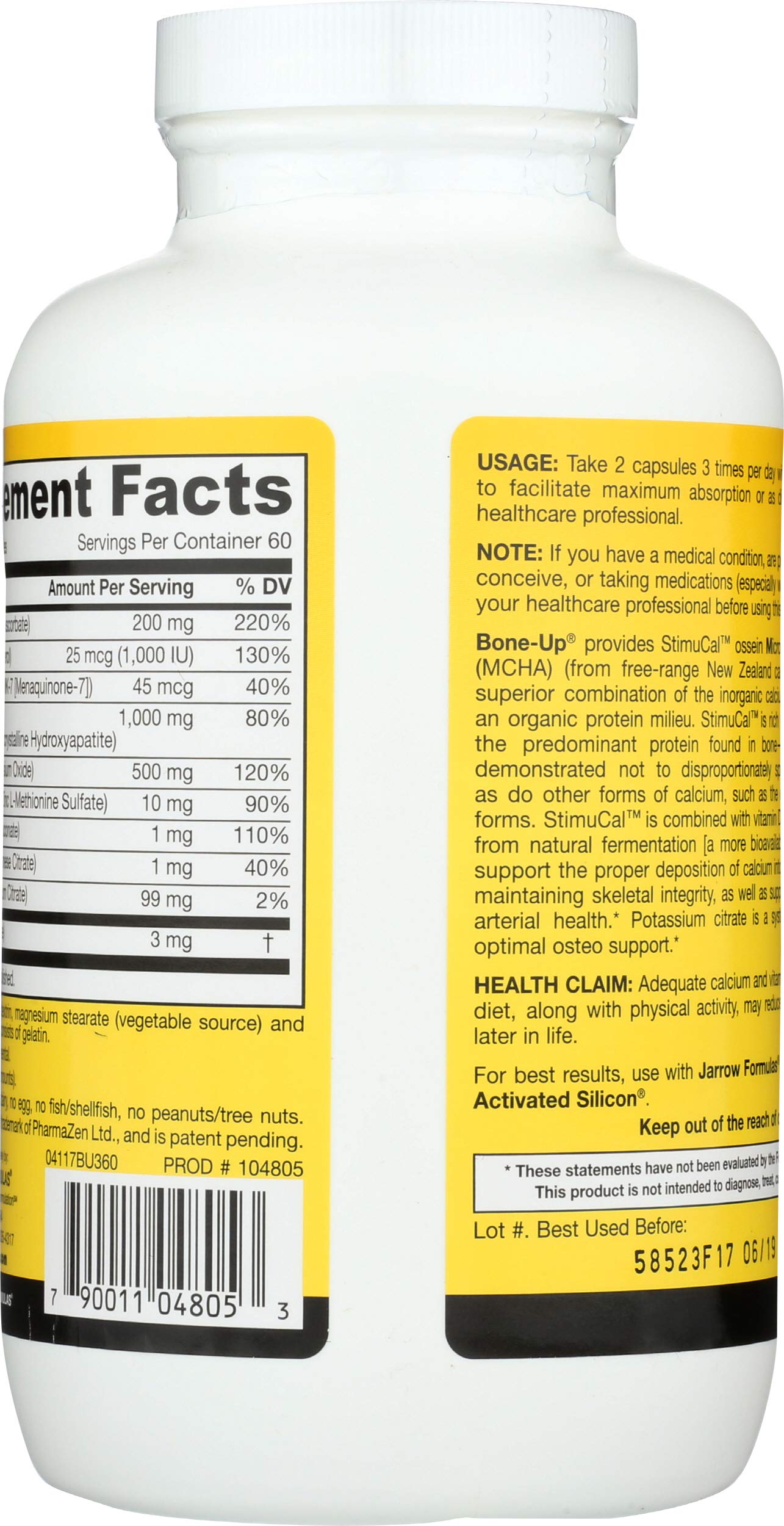 Jarrow Formulas Bone Up 360 capsules bottle side view with ingredients