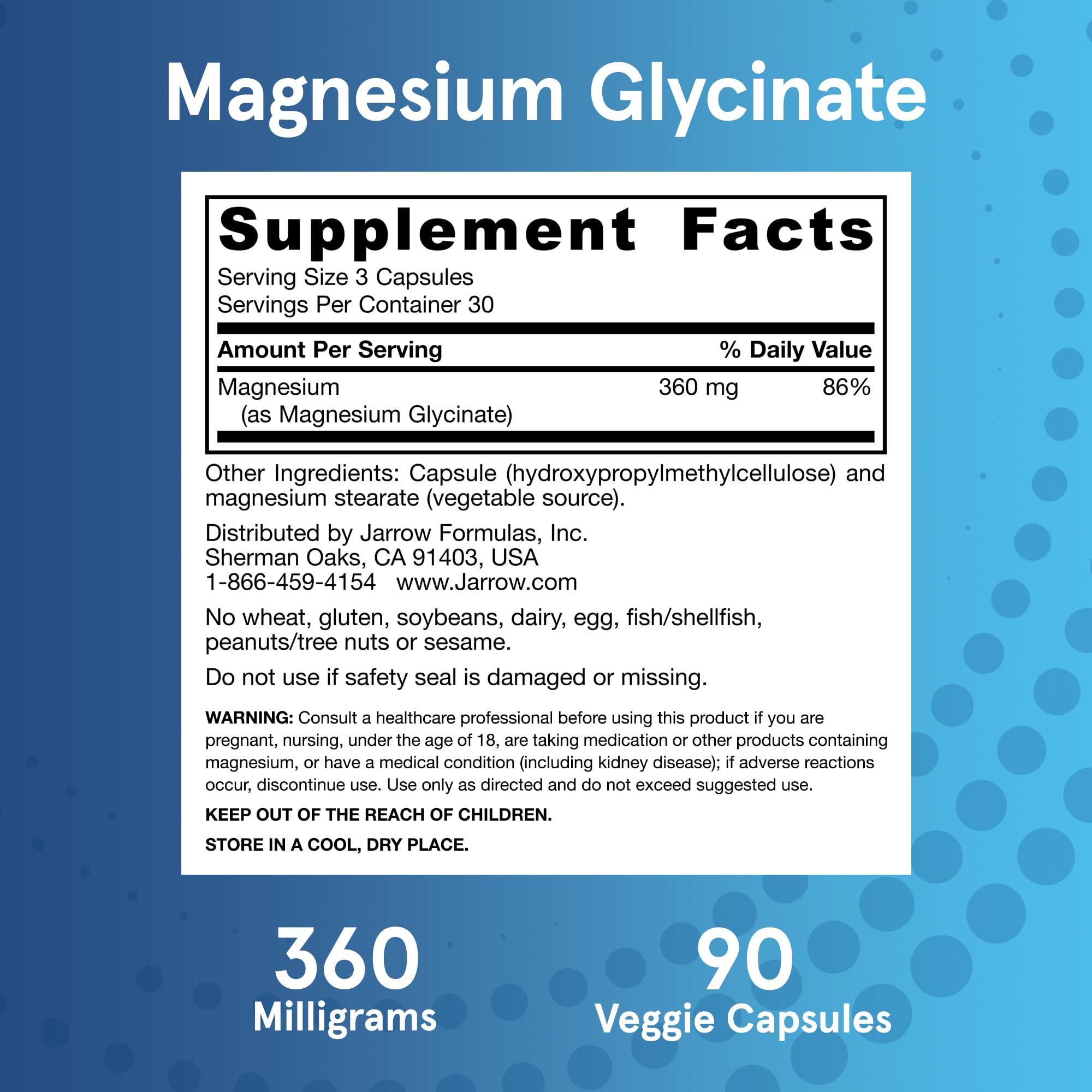 Allergen free non GMO Jarrow Formulas Magnesium Glycinate dietary supplement capsules packaging