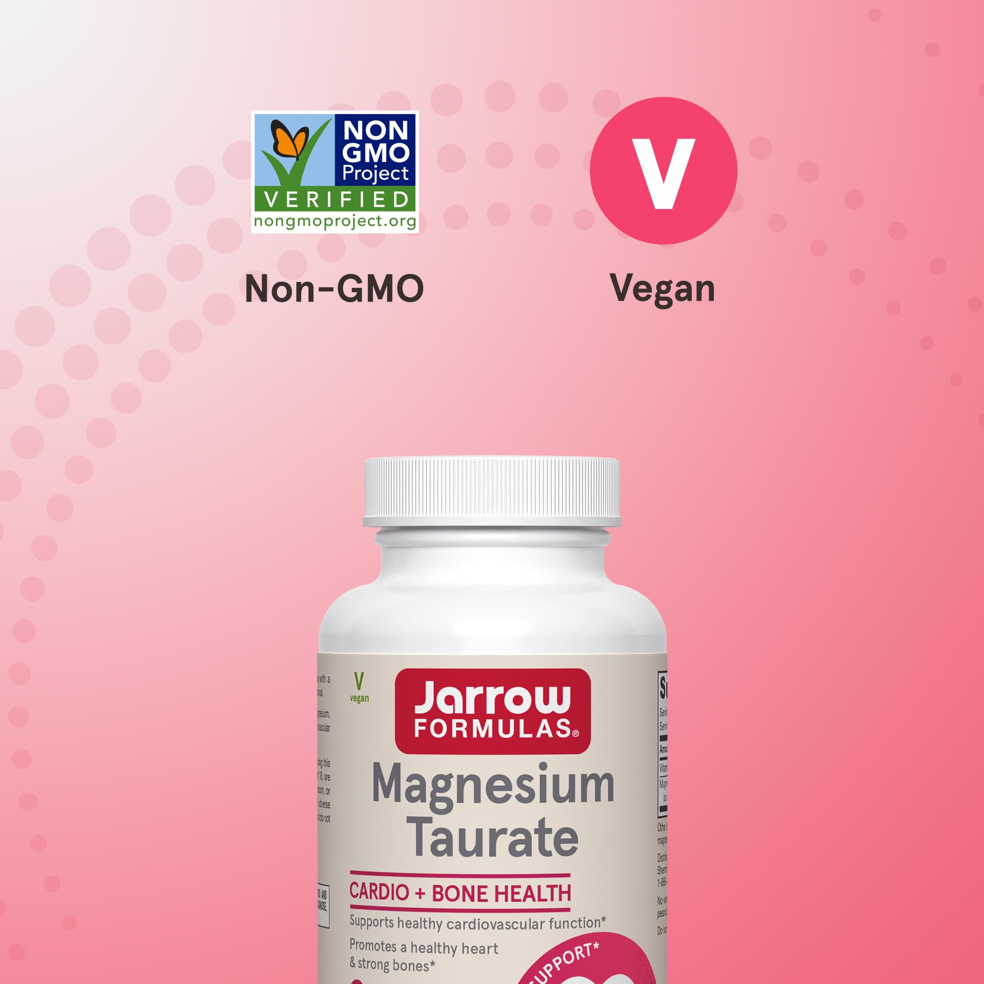 Close up of the non GMO and gluten free allergen labels on Jarrow Formulas Magnesium Taurate.