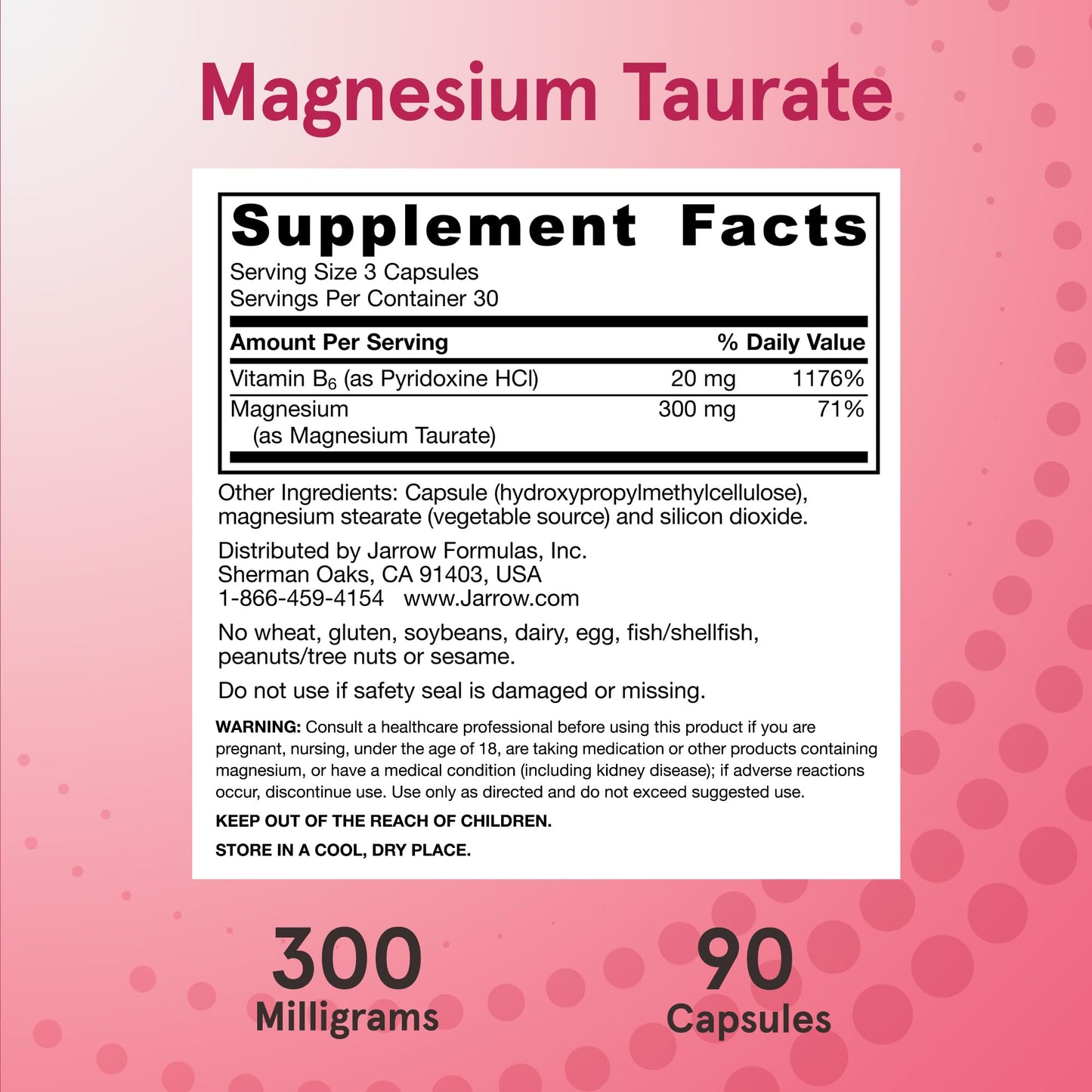 Jarrow Formulas Magnesium Taurate capsules showing the easy to swallow veggie capsule design.