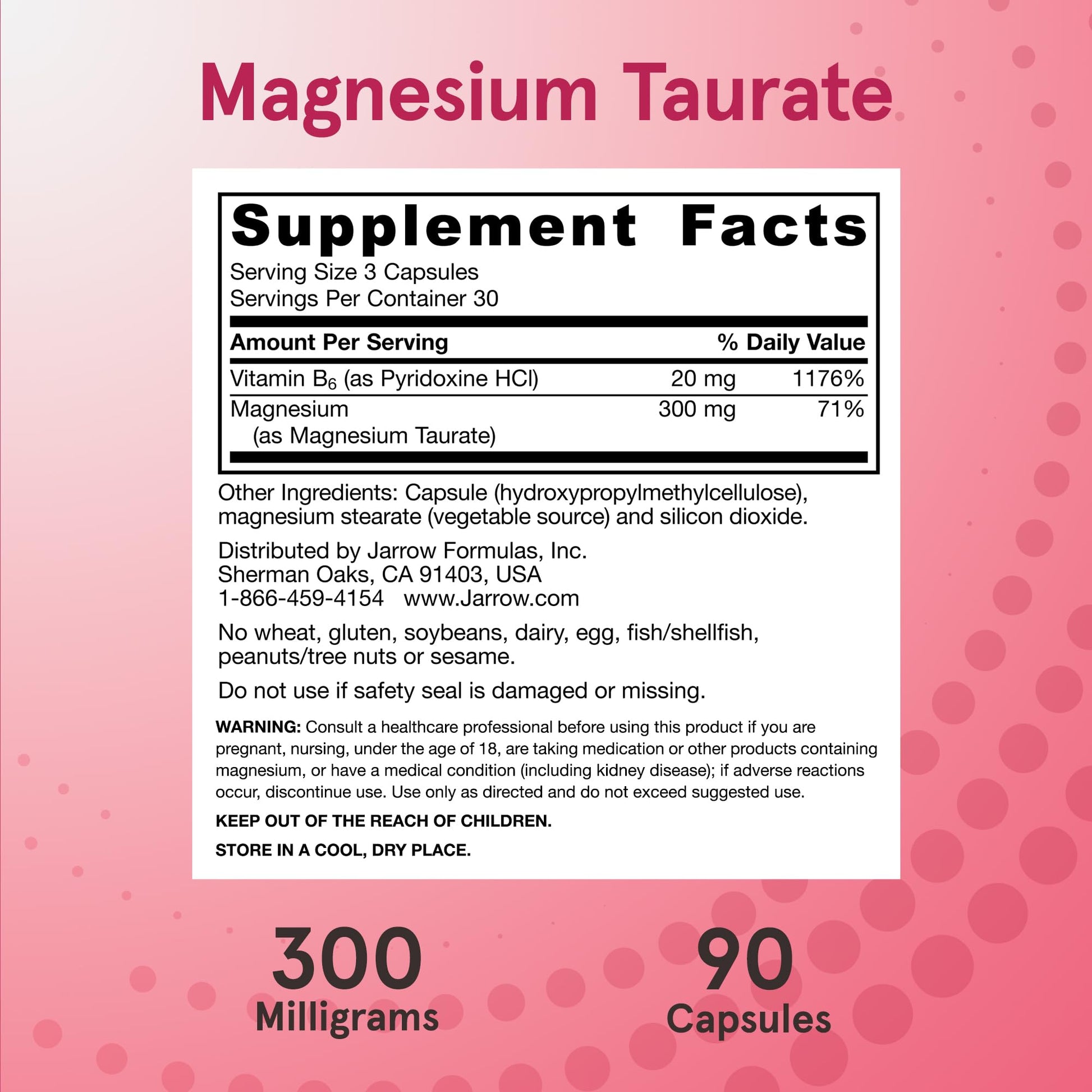 Jarrow Formulas Magnesium Taurate capsules showing the easy to swallow veggie capsule design.