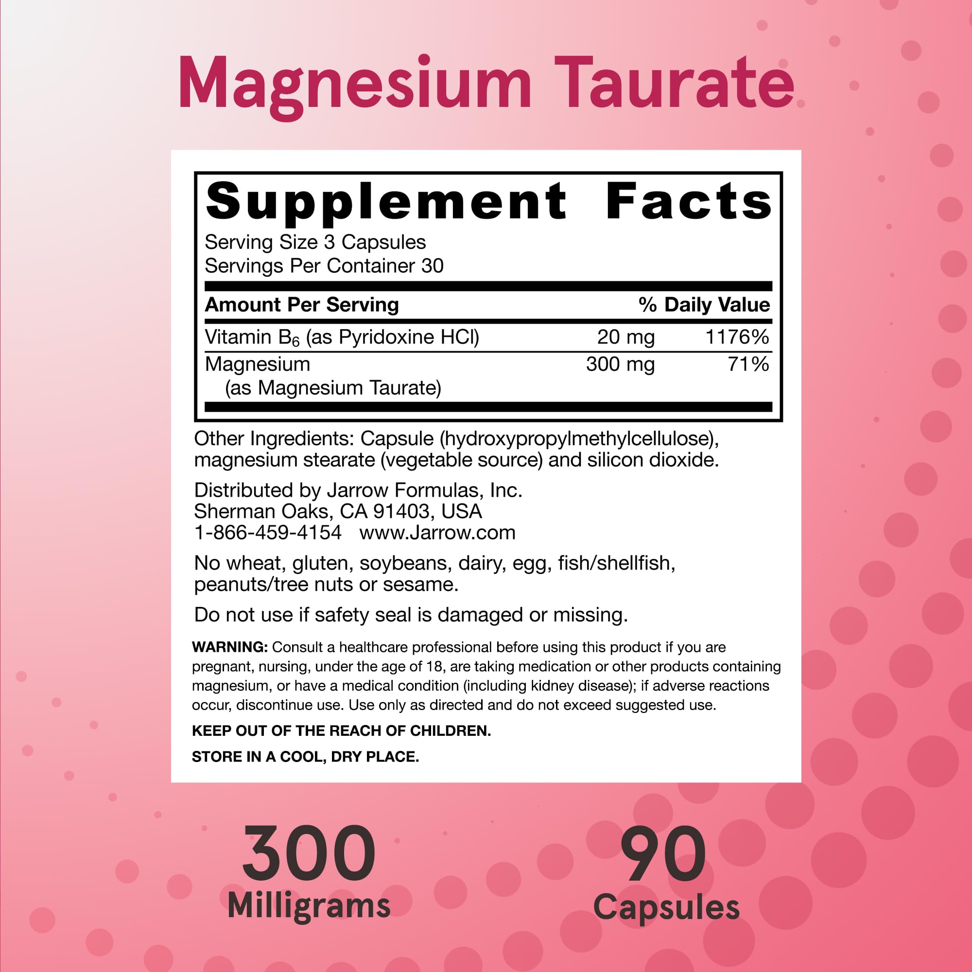 Jarrow Formulas Magnesium Taurate capsules showing the easy to swallow veggie capsule design.