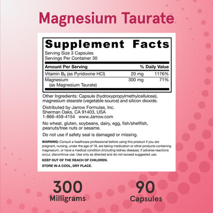Jarrow Formulas Magnesium Taurate capsules showing the easy to swallow veggie capsule design.