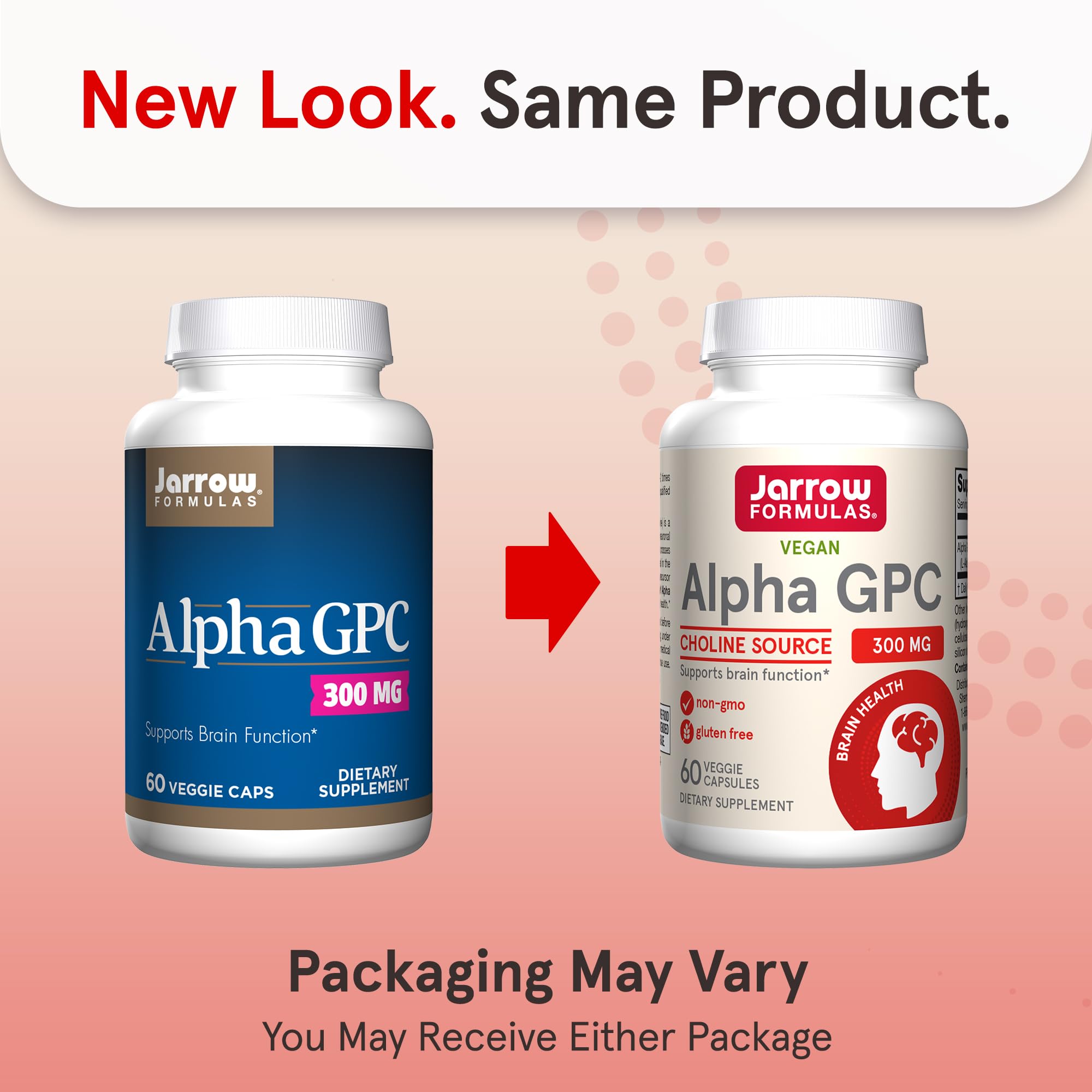 Side angle of Jarrow Formulas Alpha GPC showing clear supplement facts and ingredient list.