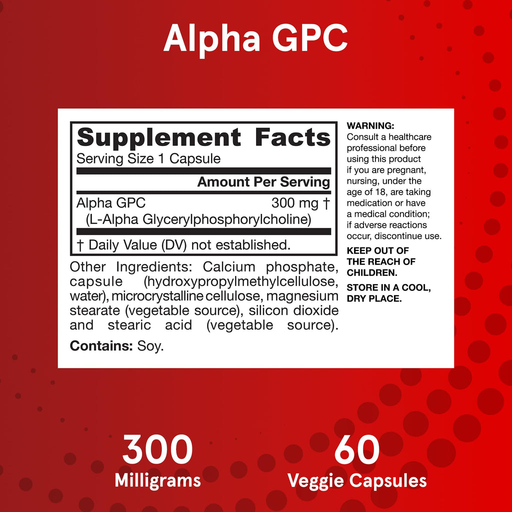 Back label of Jarrow Formulas Alpha GPC highlighting the allergen free specifications.