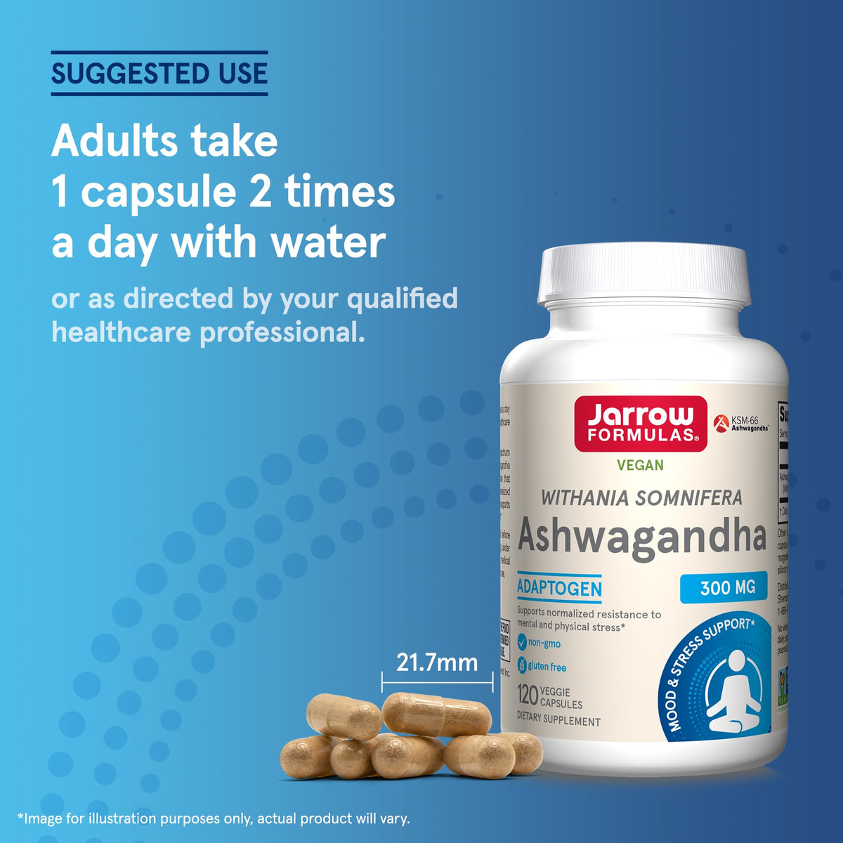 USA sourced Jarrow Formulas Ashwagandha packaging for muscle recovery