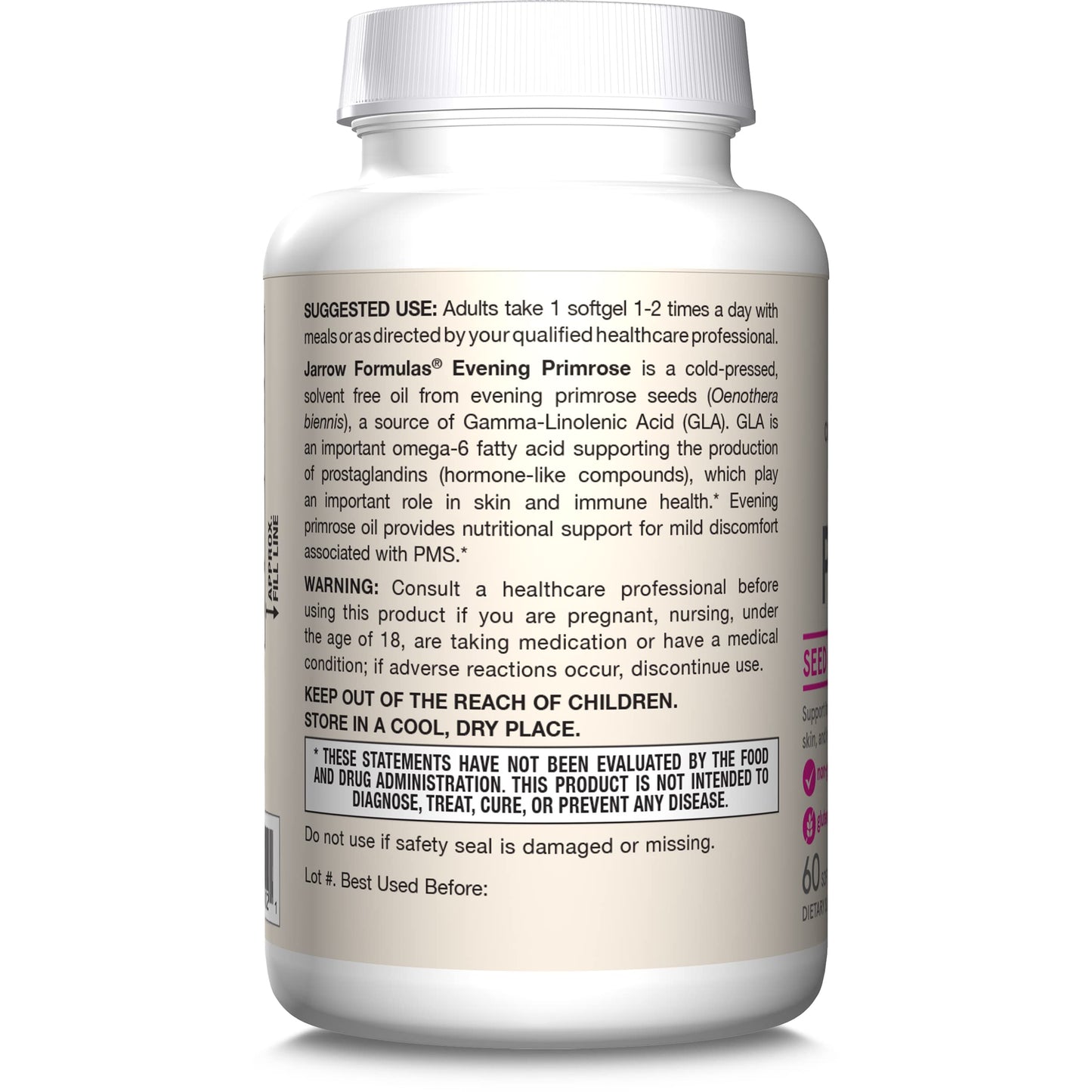 USA sourced evening primrose oil bottle with allergen free text