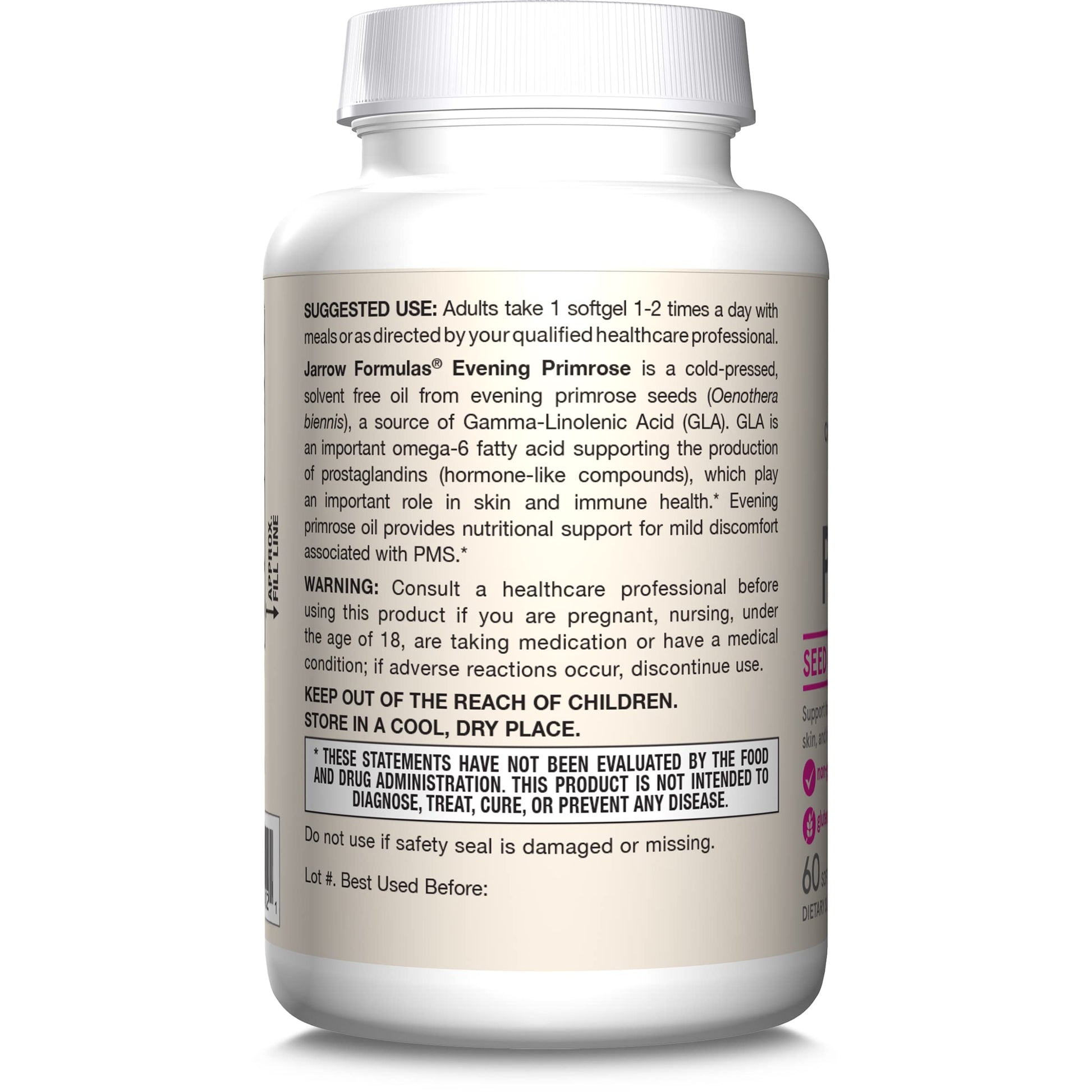 USA sourced evening primrose oil bottle with allergen free text