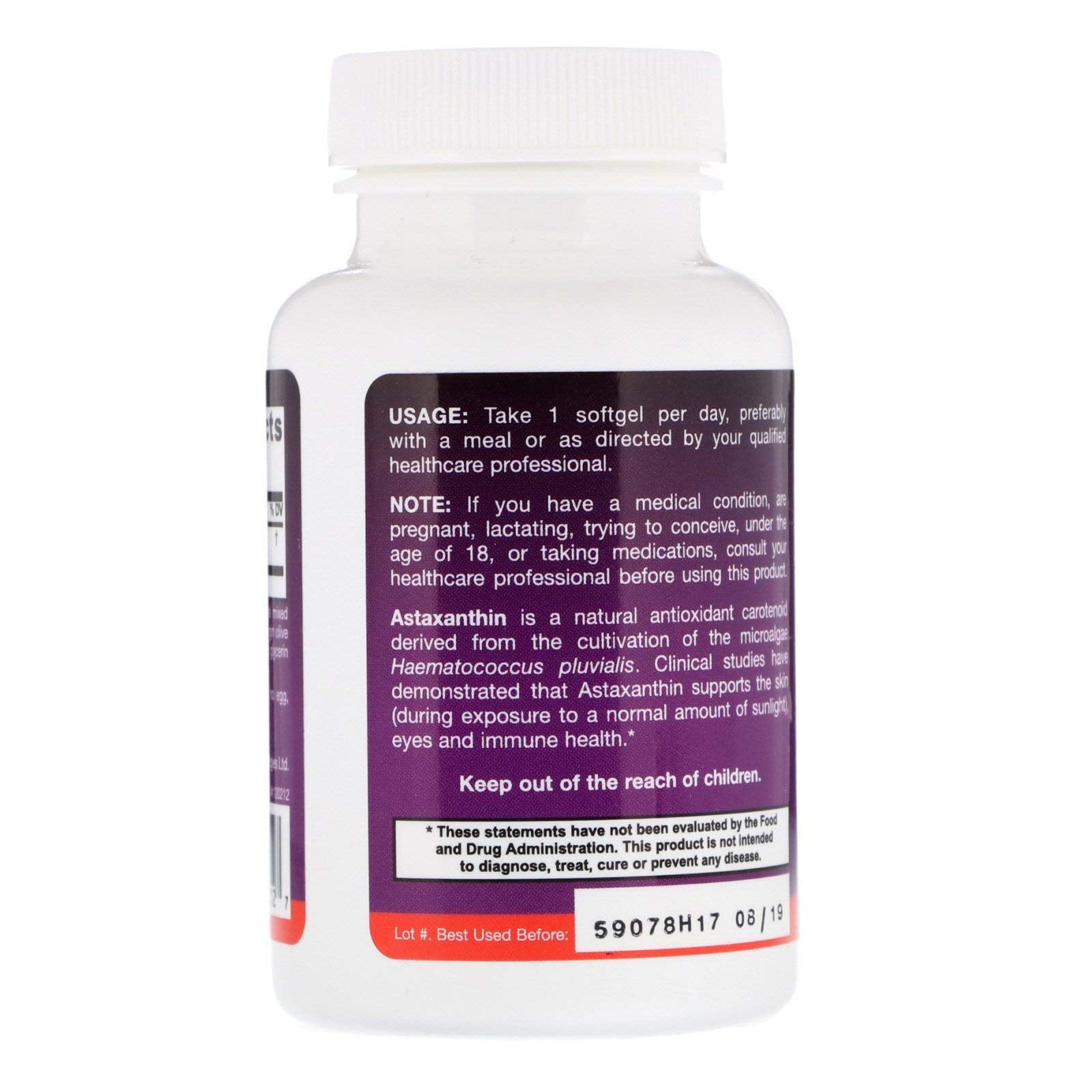 Jarrow Formulas Astaxanthin 12 mg supplement facts label showing non GMO ingredients