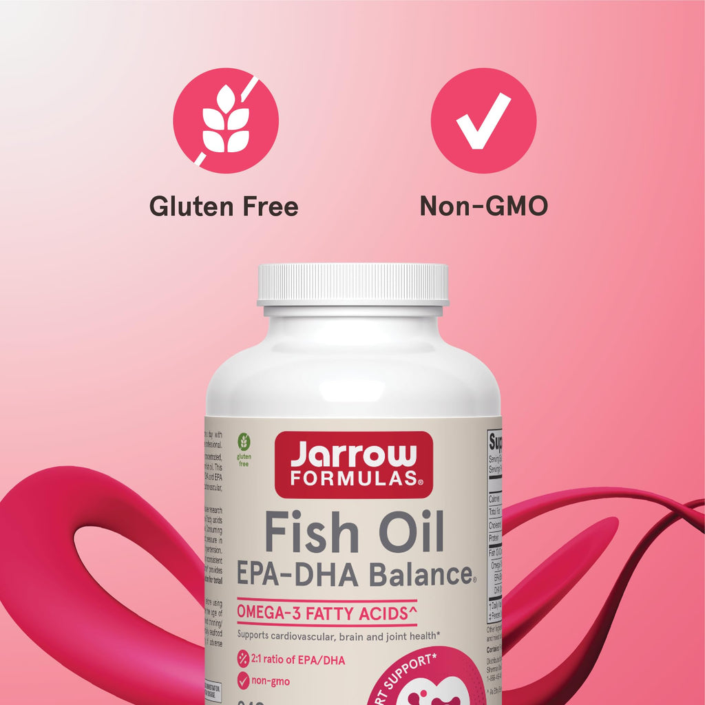 Bottle of Jarrow Formulas fish oil with softgels arranged nearby