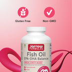 Bottle of Jarrow Formulas fish oil with softgels arranged nearby