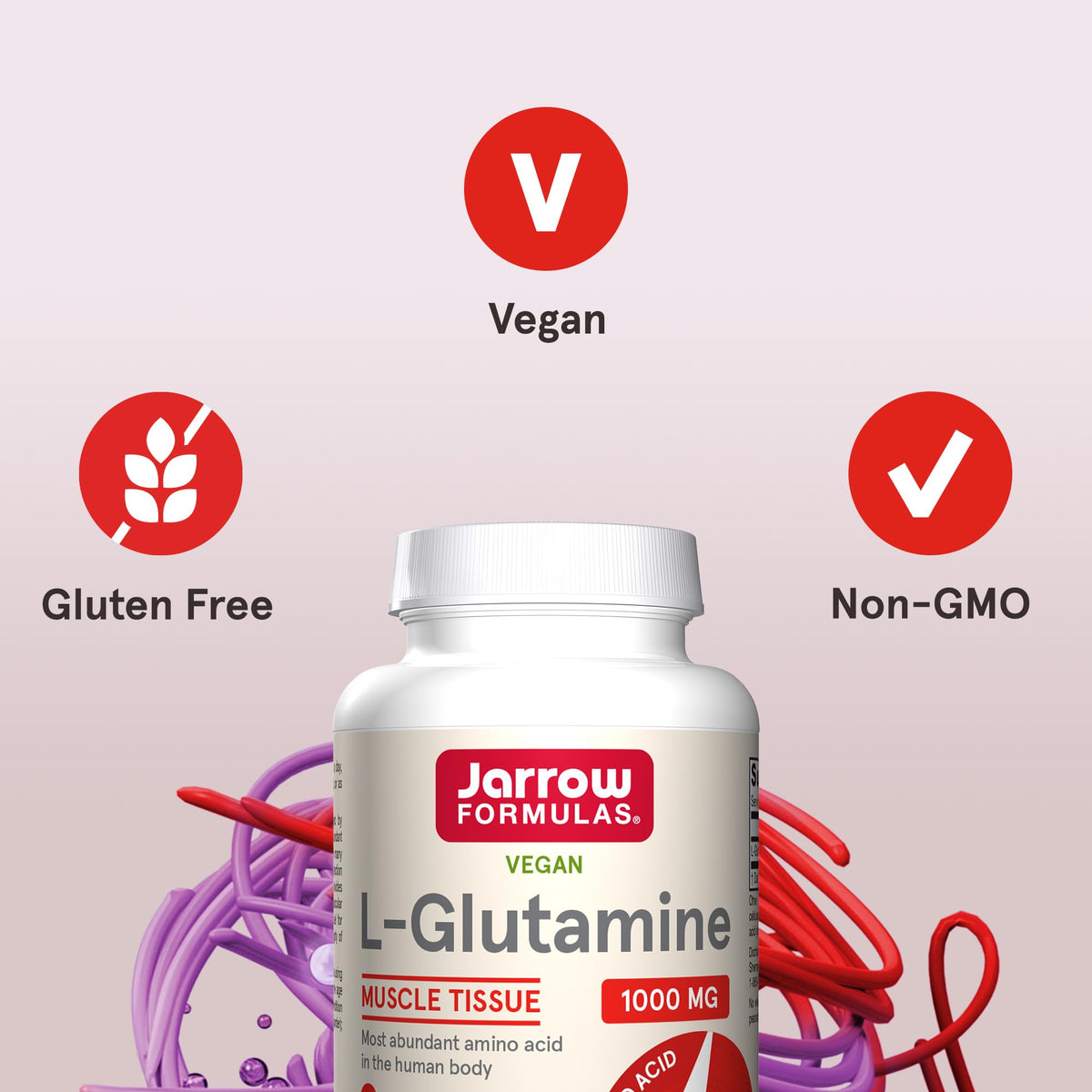 Jarrow Formulas L-Glutamine bottle side view with dosage info