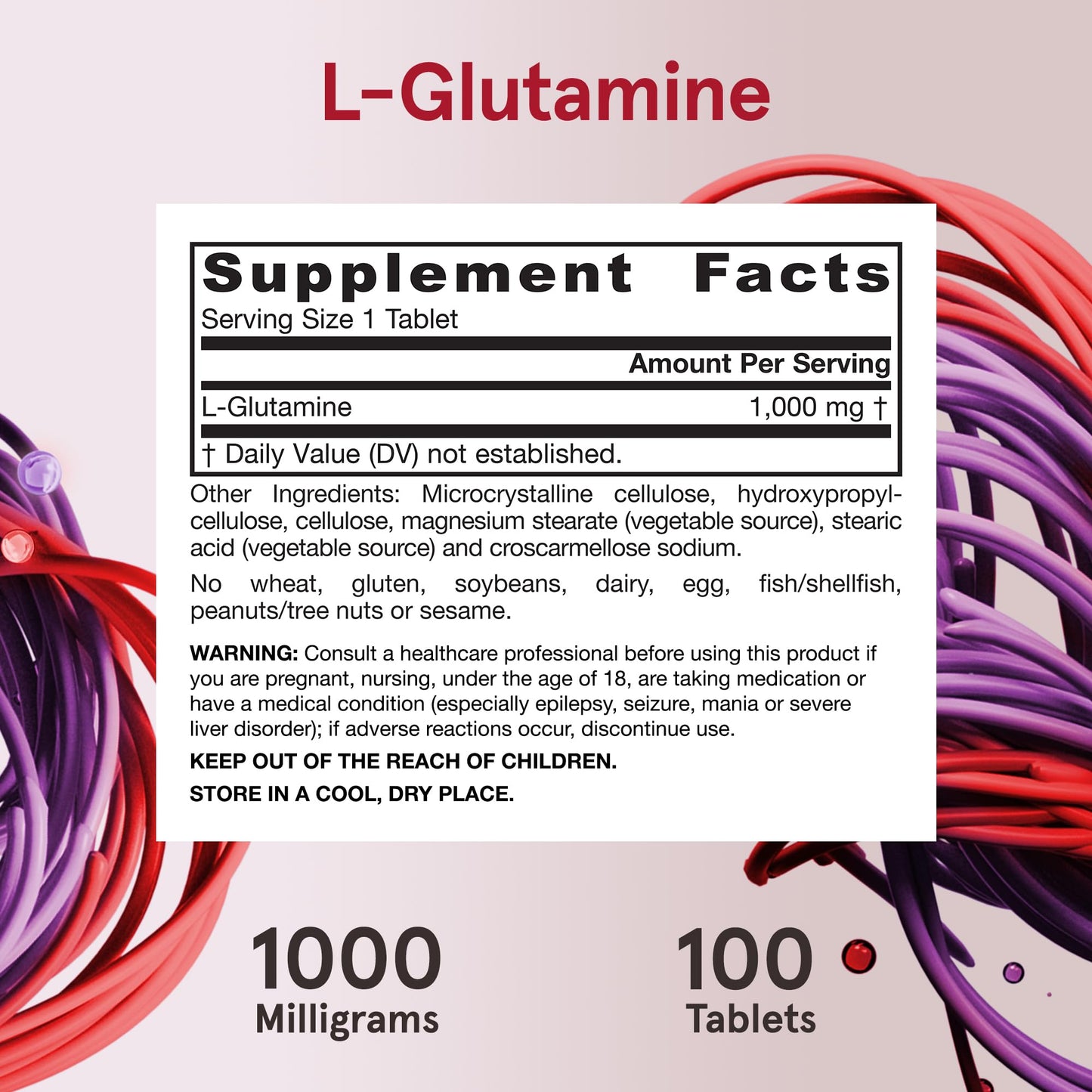 Side view of Jarrow Formulas L-Glutamine 1000 Milligrams bottle detailing usage instructions