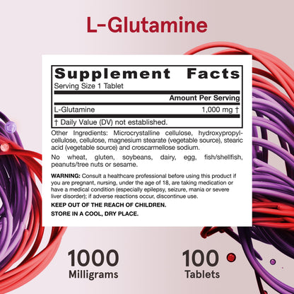 Side view of Jarrow Formulas L-Glutamine 1000 Milligrams bottle detailing usage instructions