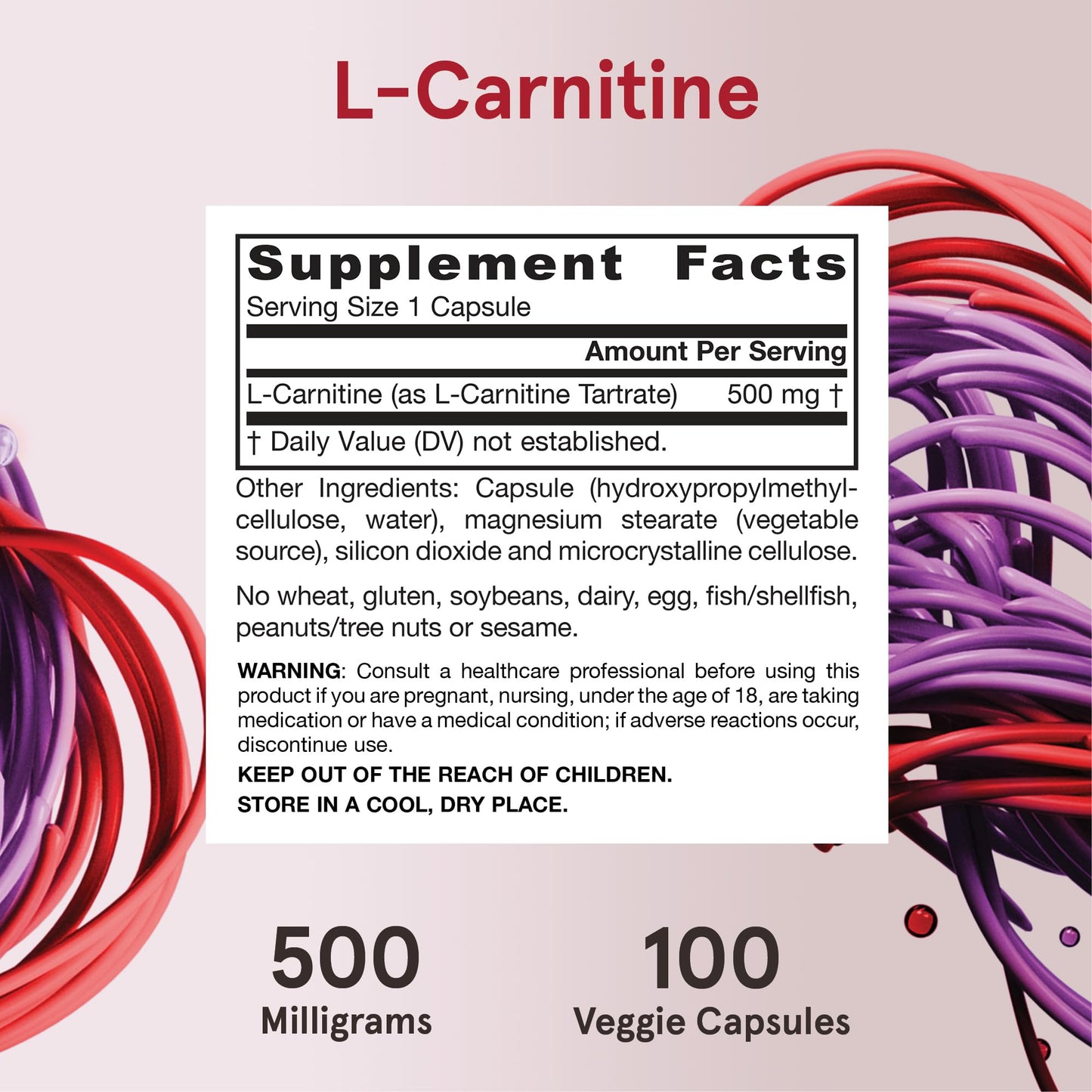 Side view of Jarrow Formulas L Carnitine 500mg showing dosage recommendations