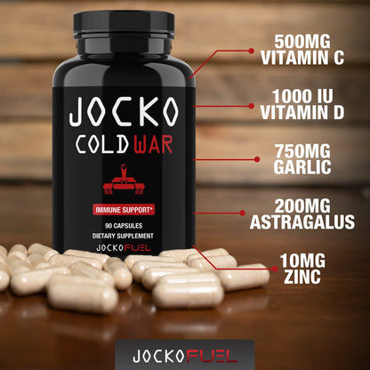 Jocko Fuel daily defense supplement bottle highlighting the 90 capsules label detailing.