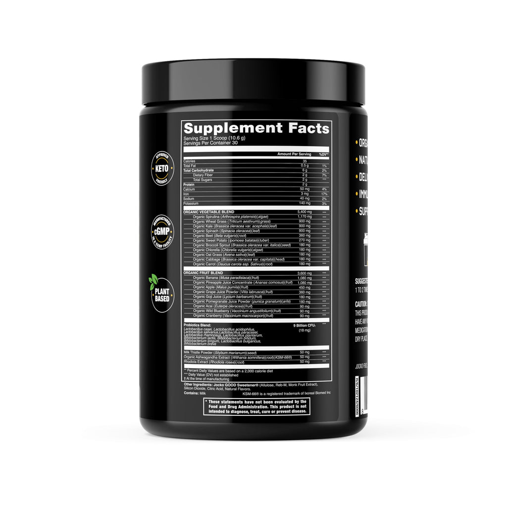 Back label of Jocko Greens supplement showing the transparent organic vegetable and fruit blend facts.