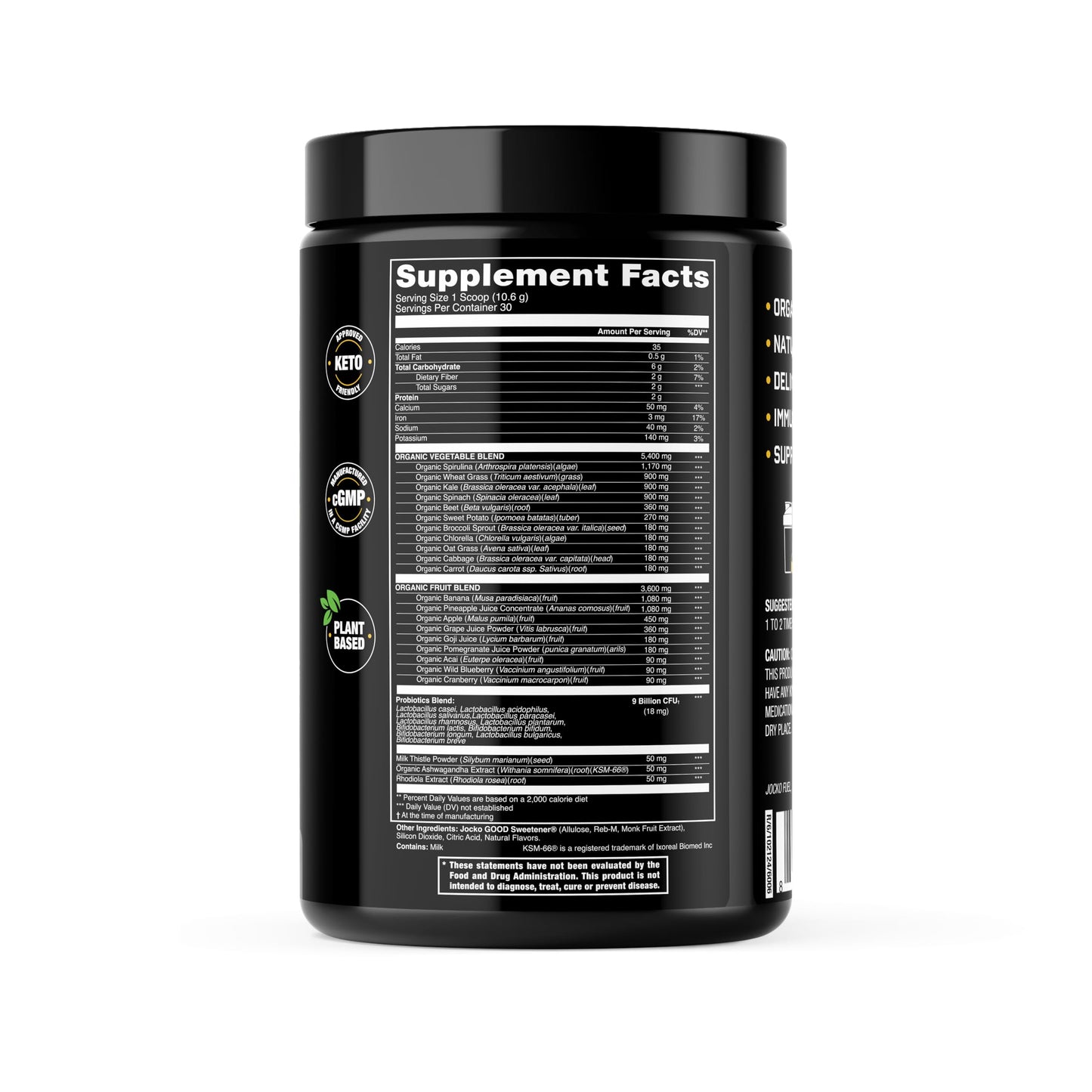 Back label of Jocko Greens supplement showing the transparent organic vegetable and fruit blend facts.