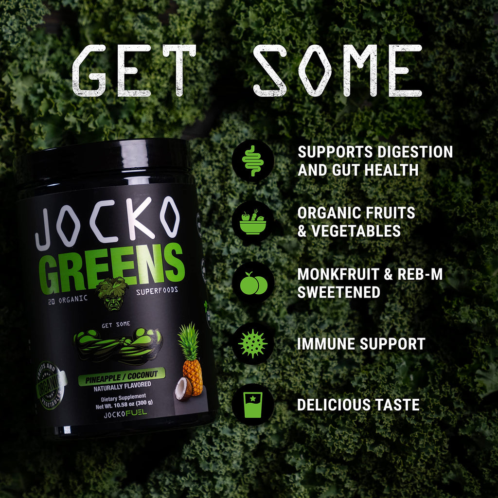 Side view of Jocko Fuel superfood powder container detailing the nine billion CFU probiotic blend benefits.