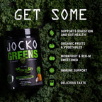 Side view of Jocko Fuel superfood powder container detailing the nine billion CFU probiotic blend benefits.
