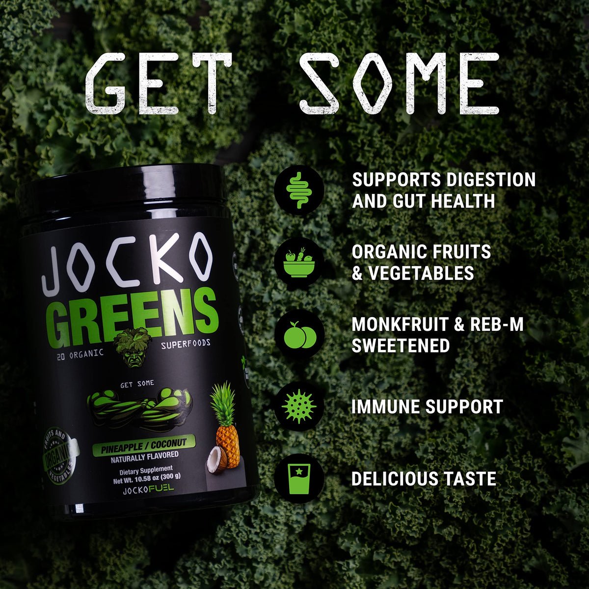 Side view of Jocko Fuel superfood powder container detailing the nine billion CFU probiotic blend benefits.
