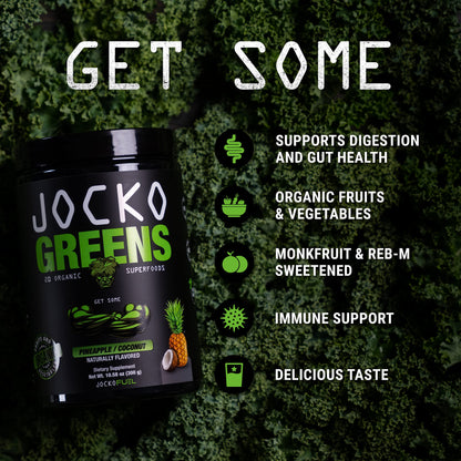 Side view of Jocko Fuel superfood powder container detailing the nine billion CFU probiotic blend benefits.