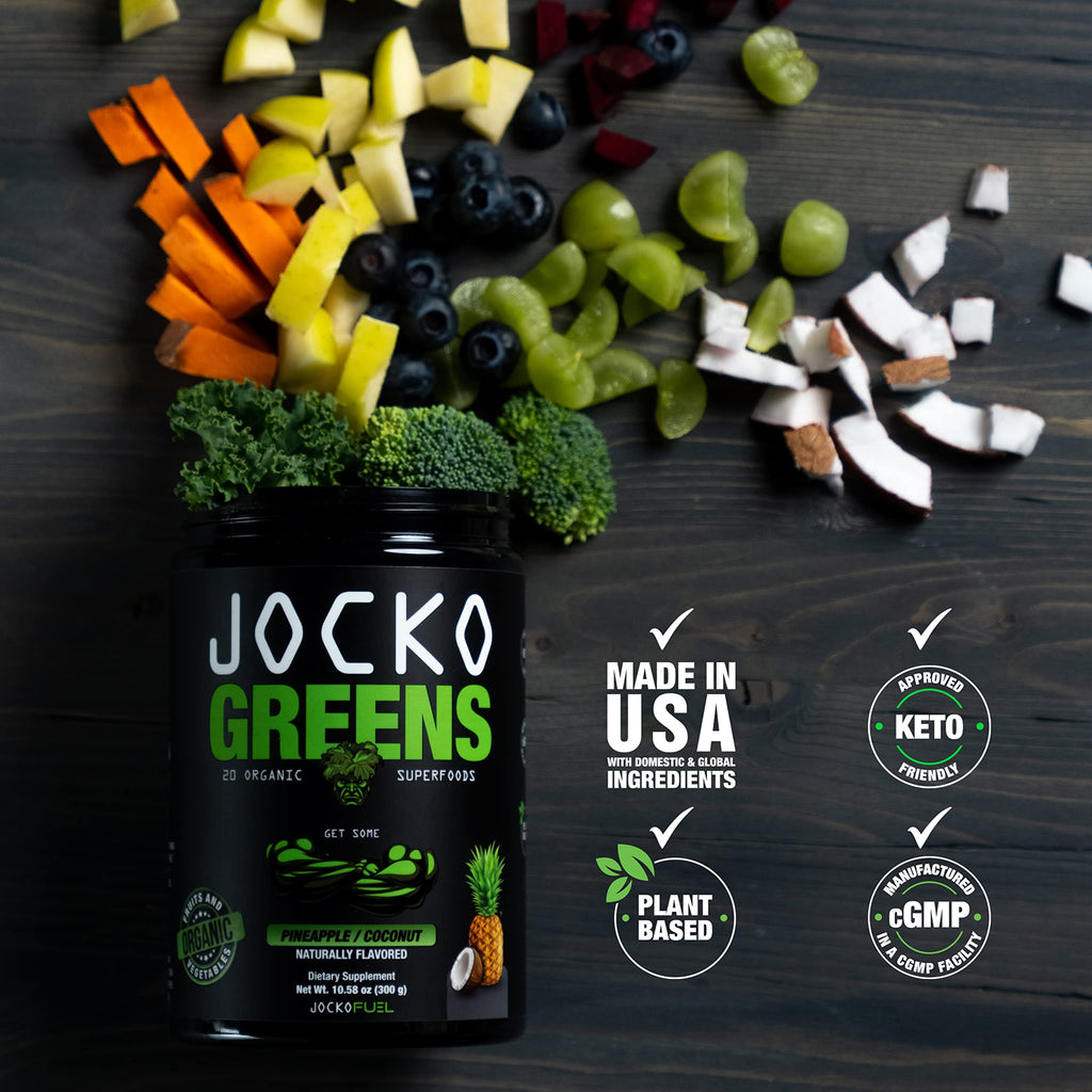 Top angle view of the Jocko Greens container highlighting the keto friendly and organic certifications.