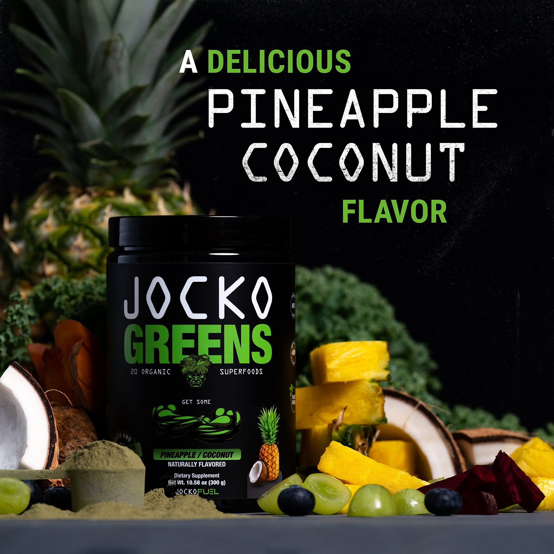 Authentic Jocko Fuel Daily Greens imported packaging showcasing the natural coconut pineapple flavor profile.