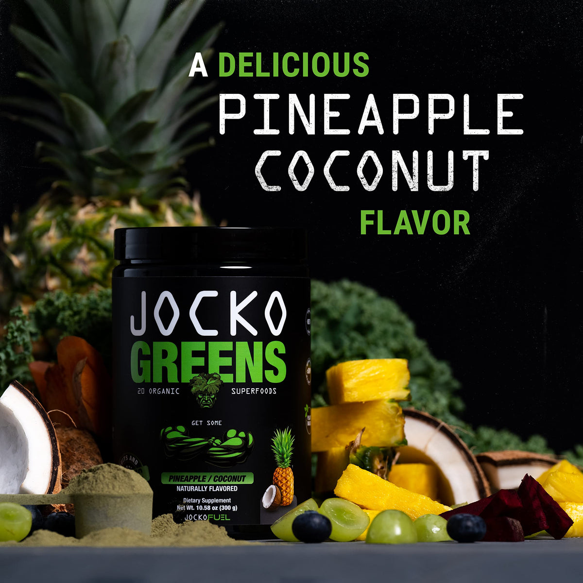 Authentic Jocko Fuel Daily Greens imported packaging showcasing the natural coconut pineapple flavor profile.