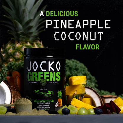 Authentic Jocko Fuel Daily Greens imported packaging showcasing the natural coconut pineapple flavor profile.