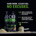 Close up of Jocko Fuel organic greens powder container outlining digestion and immune system support qualities.