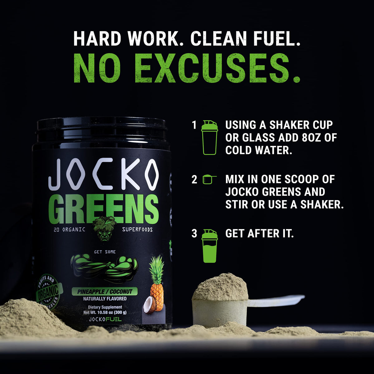 Close up of Jocko Fuel organic greens powder container outlining digestion and immune system support qualities.