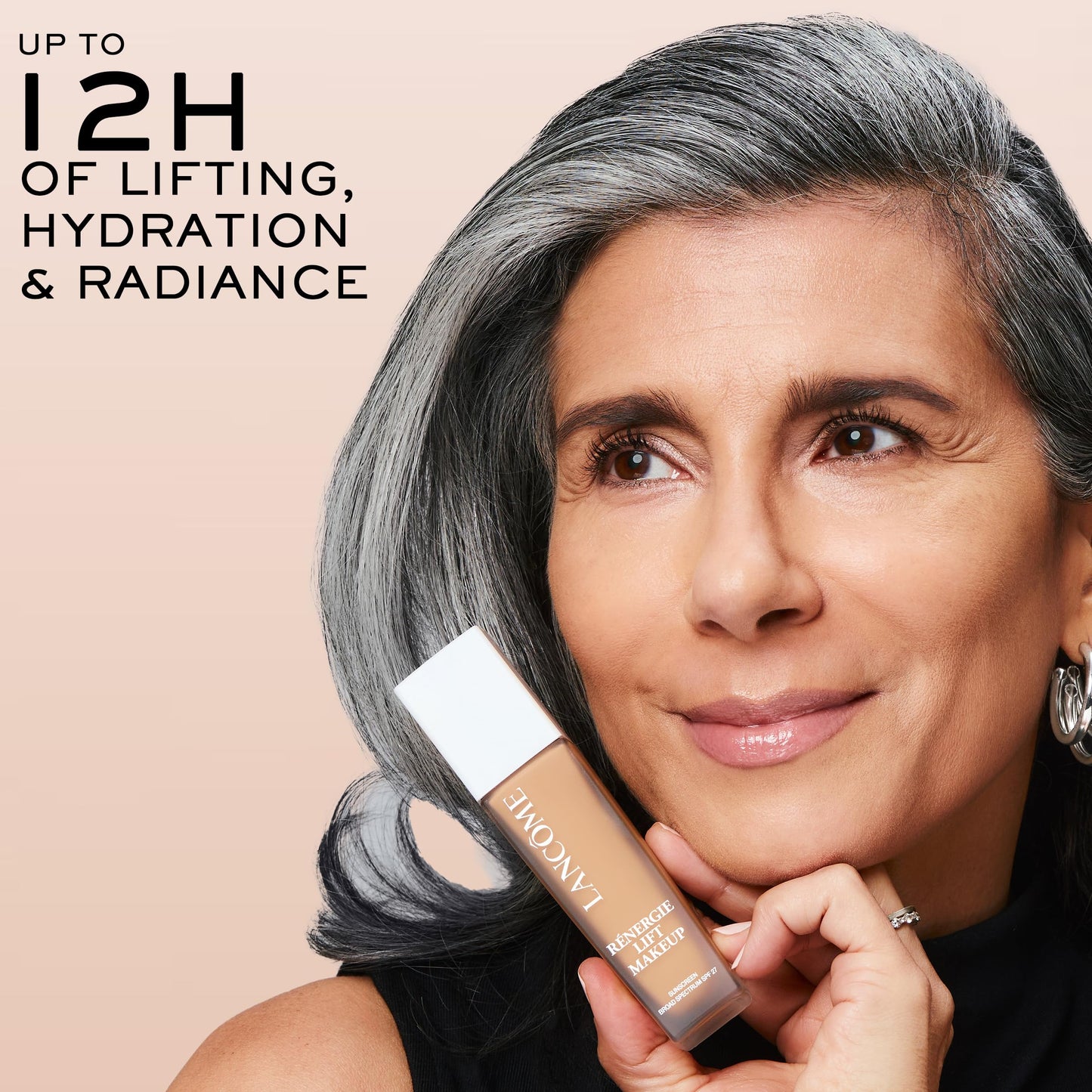 Back label view of Lancome Renergie Lift makeup outlining the hydration and firming features