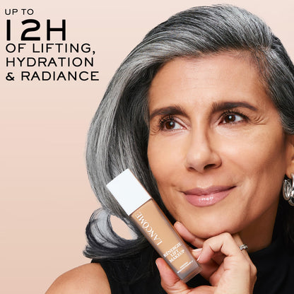Back label view of Lancome Renergie Lift makeup outlining the hydration and firming features