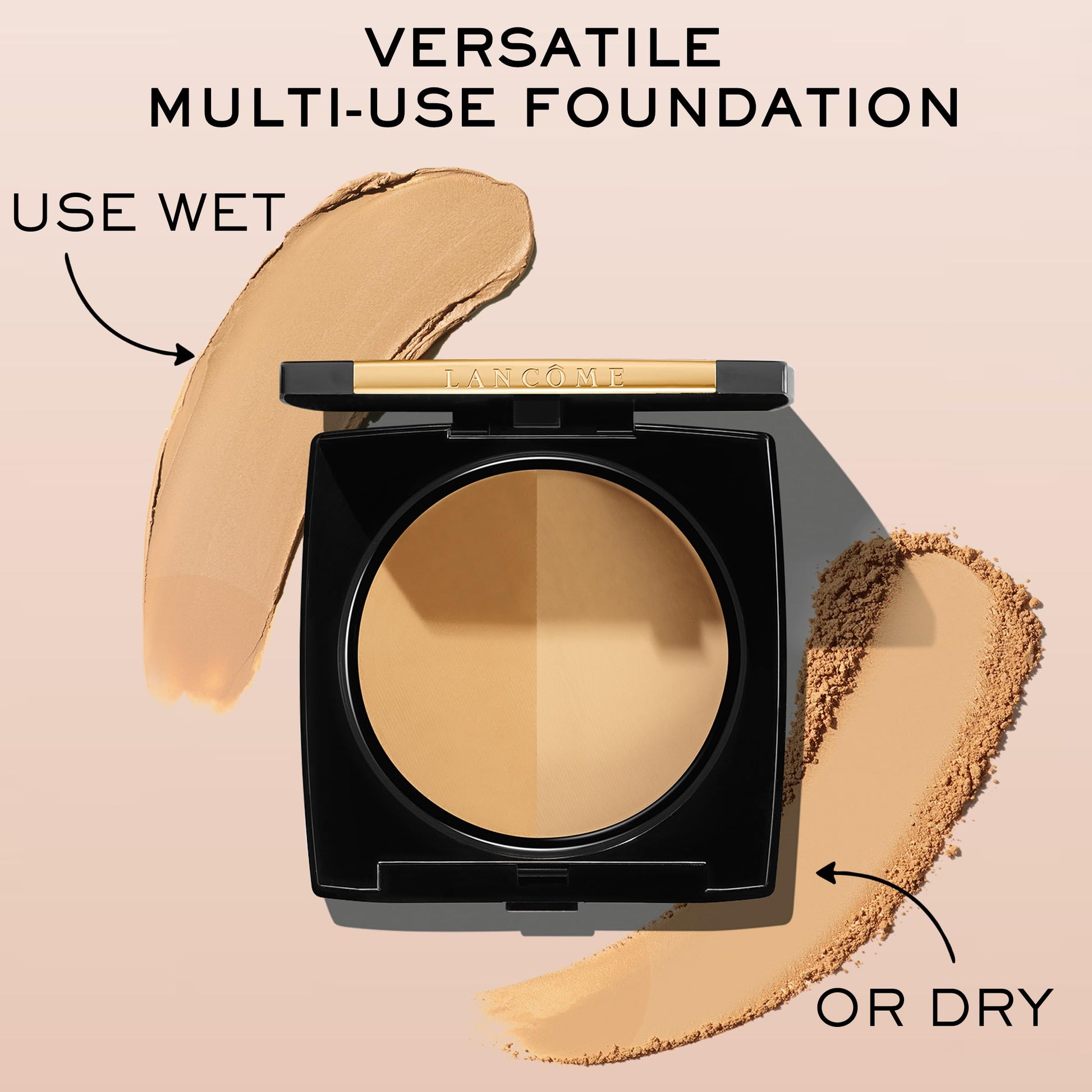 Lancôme Dual Finish Multi-Tasking Powder compact held showing portable size for travel touch-ups.
