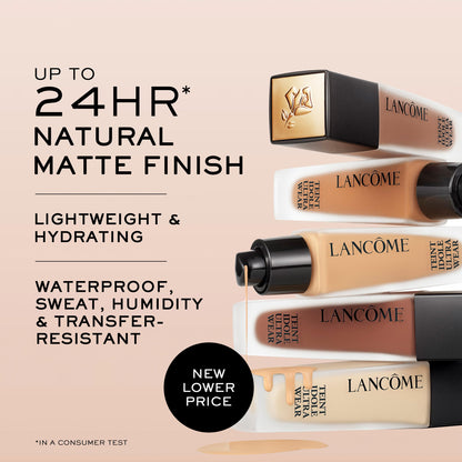 Close up of Lancome Teint Idole Ultra Wear matte foundation luxury glass packaging