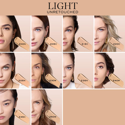 Side view of Lancome 24 hour wear foundation premium glass bottle on a neutral background