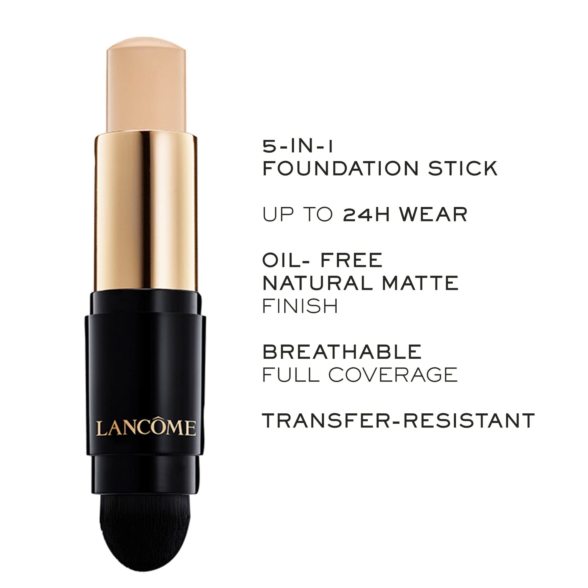 Lancome full coverage foundation stick showing the integrated kabuki brush side for blending.